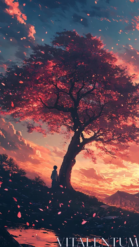 Twilight petals drift as a quiet dreamer studies the sky