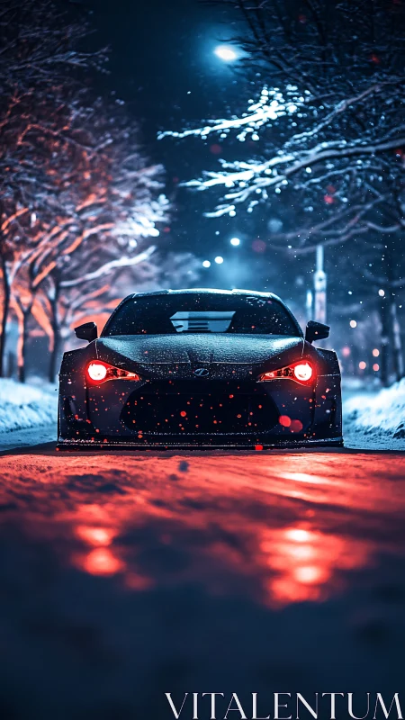 Low sports car in snowy night street with red lights.