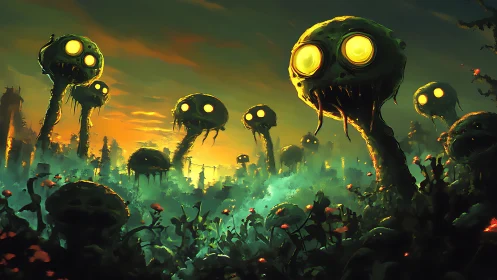 Glowing-eyed mutant plants dominate a toxic dusk landscape.