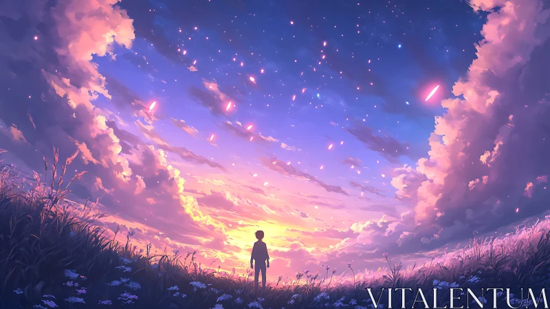 Silhouette observing illuminated sunset sky over open field.