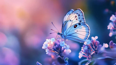 Gentle white butterfly rests in dreamy pink and blue light