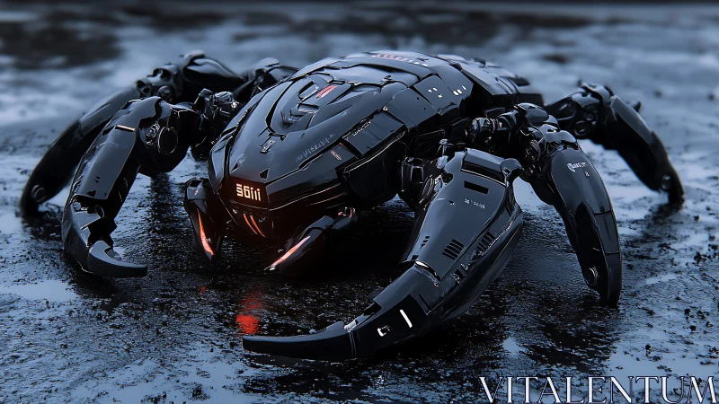 Stealth combat mech crab crouches on slick wet asphalt.