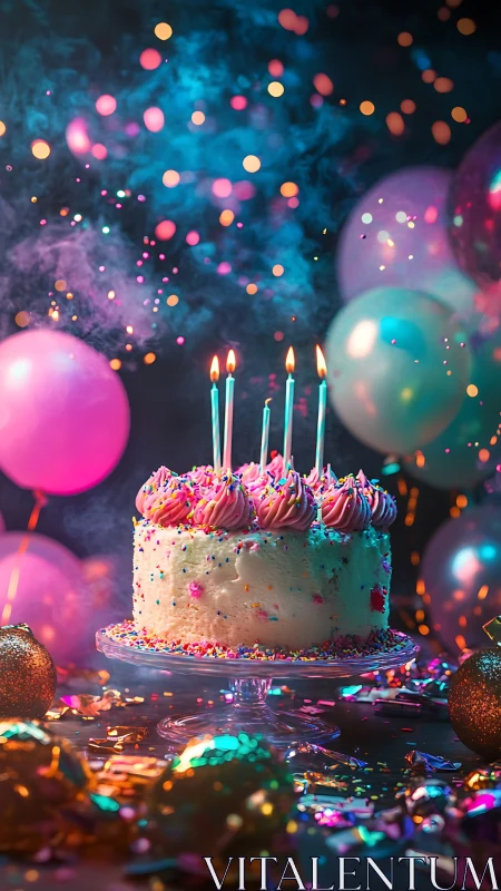 Vibrant Birthday Cake with Glowing Candles Surrounded by Magical Bokeh.