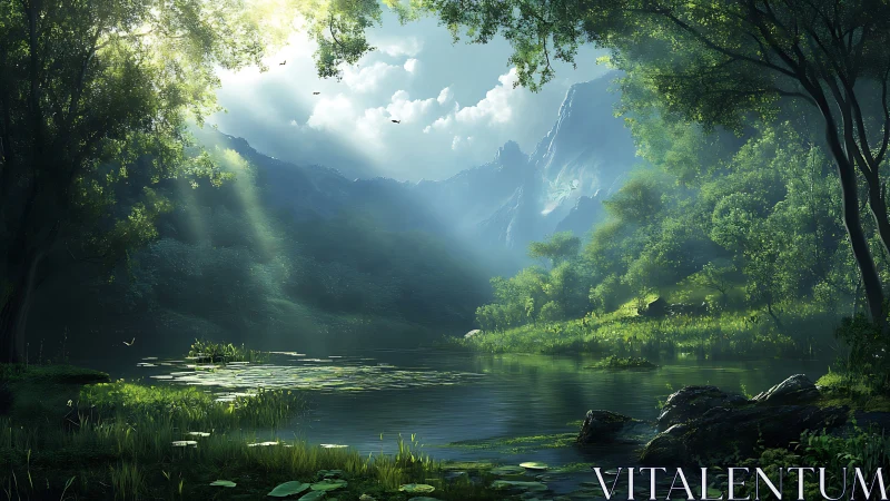 Volumetric light over alpine forest lagoon, high-fidelity render.