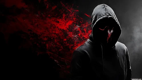 Shadowy hooded figure quietly emerges from swirling red smoke