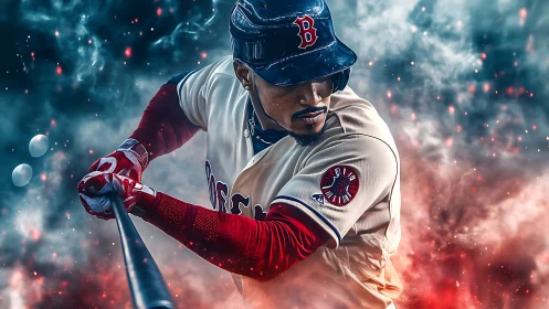 Photorealistic baseball hitter in explosive dynamic composition.