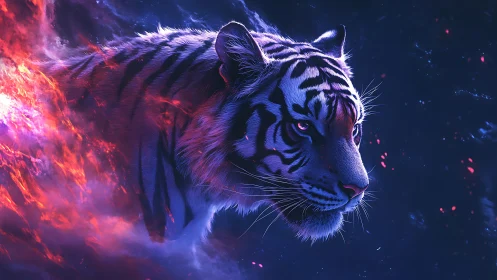 Neon tiger emerges through burning cosmic mist in profile