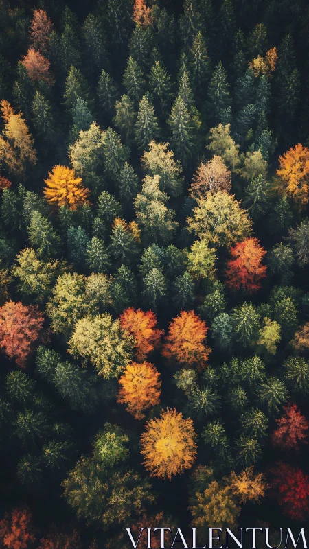 Mixed-season forest canopy in autumn transition.