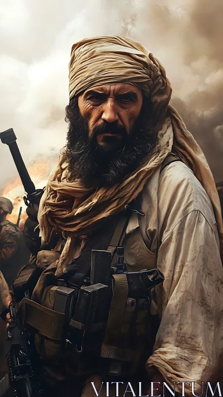 Battle-hardened desert fighter stands amid swirling smoke