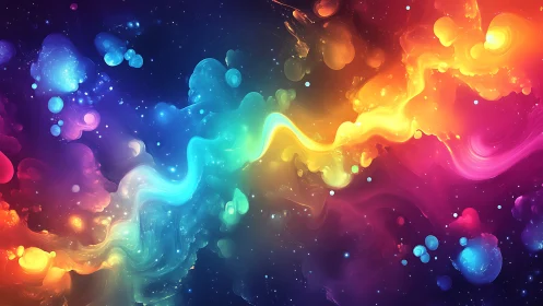 Radiant rainbow nebula swirling through a dreamy night sky.