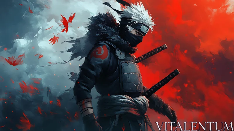 Masked swordsman stands in split red and blue environment