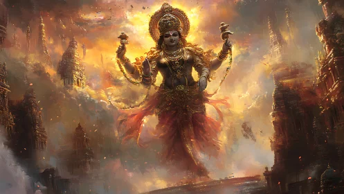 Colossal multi-armed goddess over burning temple megastructures