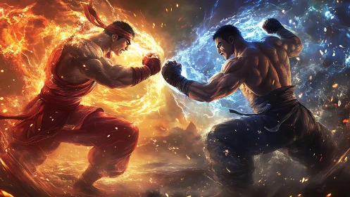 Elemental martial duel with opposed thermodynamic auras.