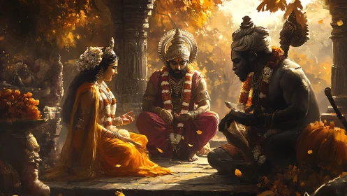 Sacred autumn gathering of divine figures in gentle light.