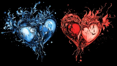 Dual Element Hearts: Fire and Ice Digital Illustration.