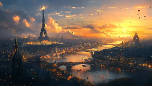 Golden Parisian sunset pours light over the glowing Seine