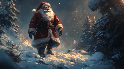 Santa Claus stands in snowy forest under warm glow.