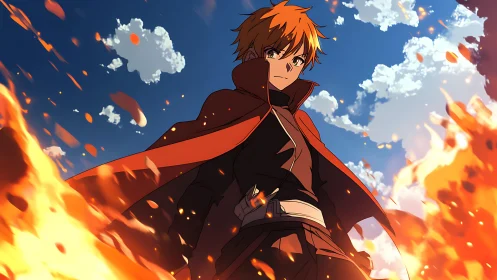 Fiery anime hero framed by dynamic low-angle flames.