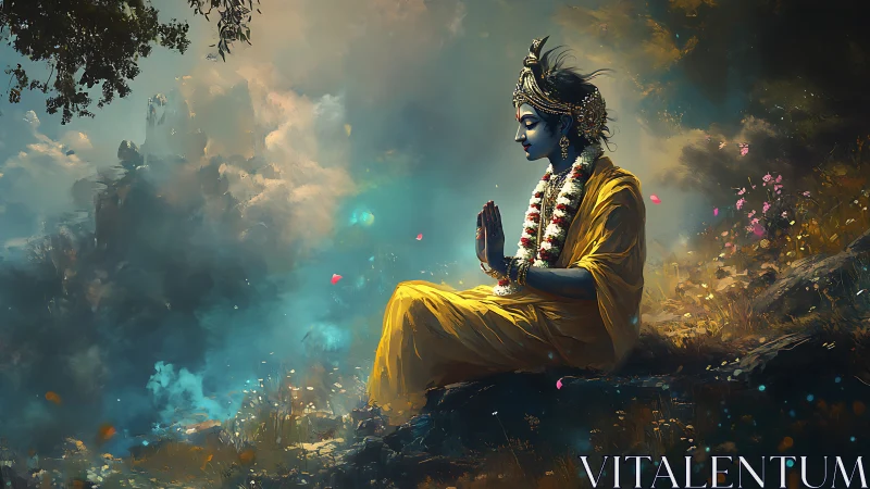 Serene blue‑skinned figure in golden robes resting in prayer.