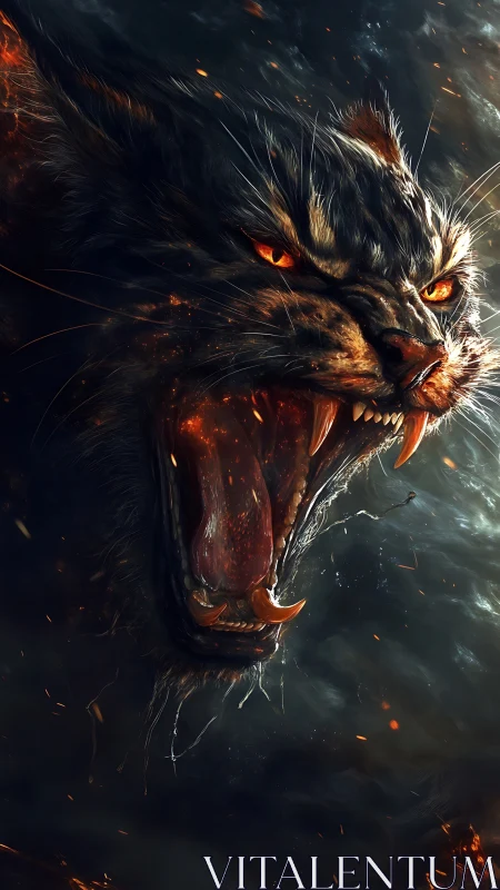 Fiery demonic panther roars from swirling embers and shadow