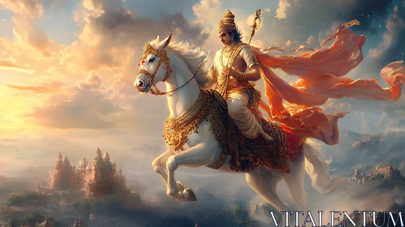 Armored rider on white horse above expansive citadel landscape.