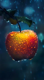 Macro study of rain-soaked apple with bokeh-lit background glow