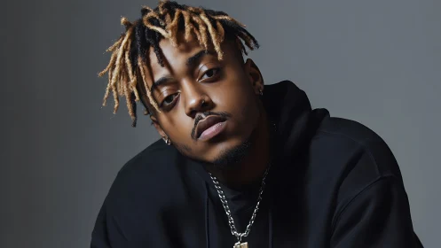 Brooding street poet in monochrome hoodie calm.