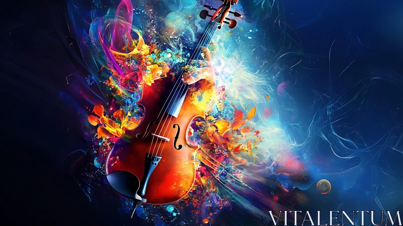 Cello with dispersed multicolored particles in dark field.