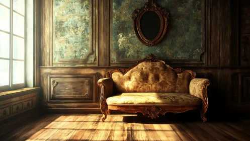 Sunlit baroque sofa dreams in a timeworn gilded salon.