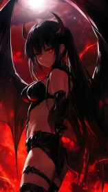 Crimson-winged demon girl under eclipsed blood moon.