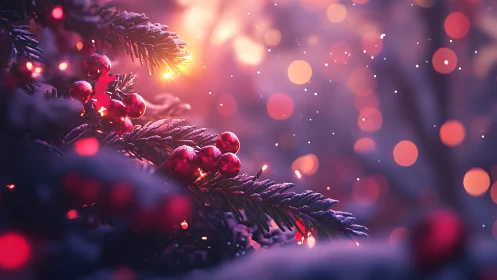 Crimson berries whisper under snowfall and blurred winter lights