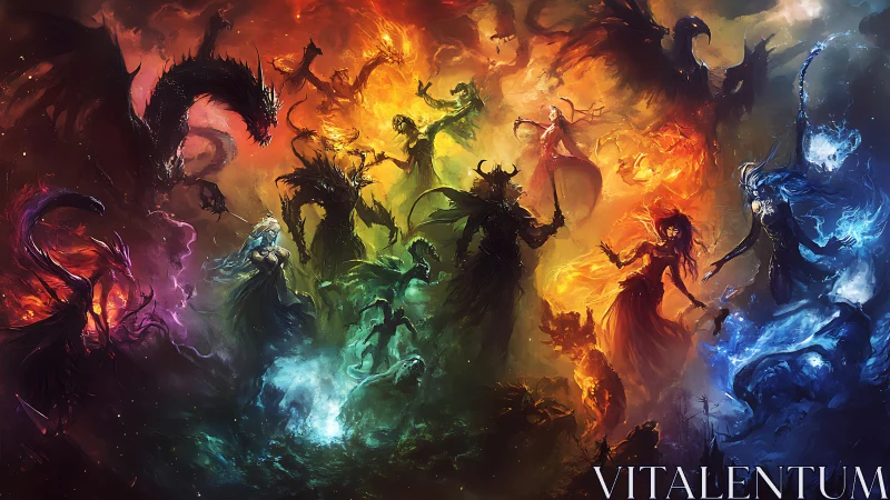 Elemental fantasy battle with dragons and spectral warriors.