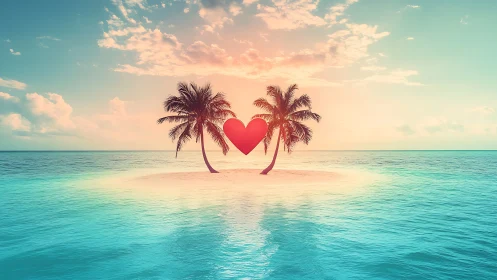 Two Palm Trees Frame a Glowing Heart on a Tropical Beach