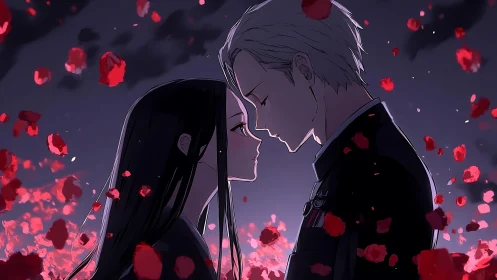 Two figures in profile amid suspended red particles.