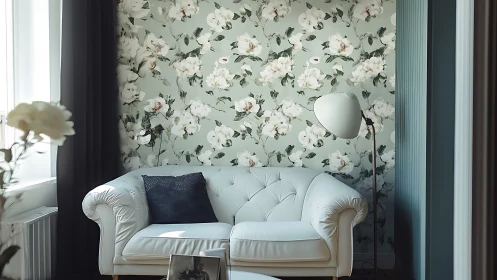 Floral accent wall frames tufted white sofa in soft daylight