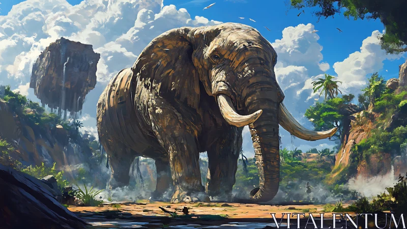 Gentle stone giant wandering a lush floating island valley.