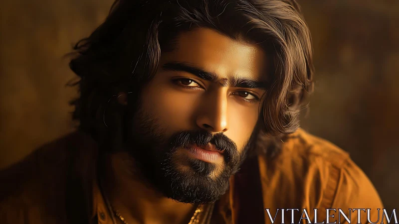 Smoldering gaze in golden light, a quiet storm of warmth.