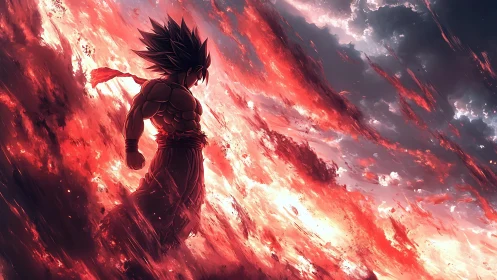 Silhouetted warrior in fiery storm rendered as dynamic anime scene
