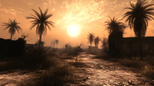 Sunlit desert path with palm trees and distant ruins.