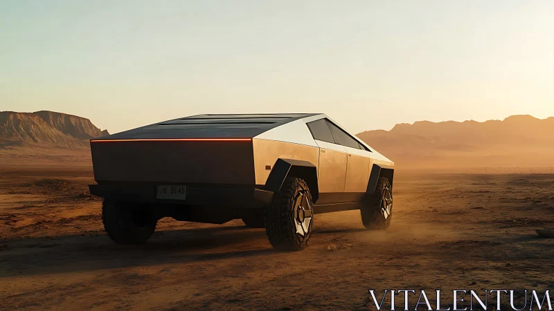 Futuristic electric pickup truck crossing dusty desert plain.