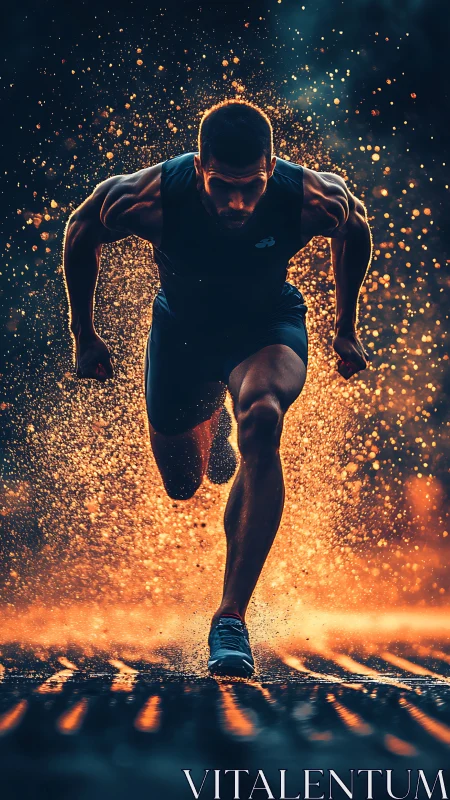Explosive sprinter charging through water and sparks.