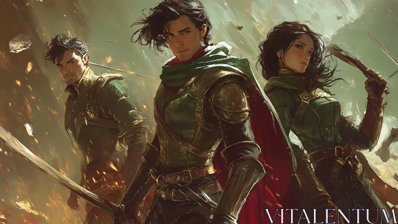 Heroic fantasy trio in emerald armor amid blazing battle.