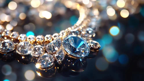 Close-up of diamond necklace with gold setting and bokeh light.