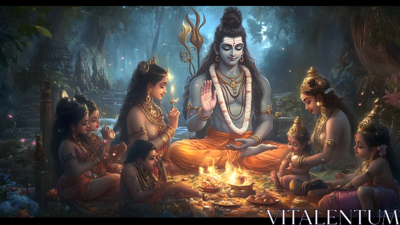 Hindu deities sit in ritual circle around central fire pit