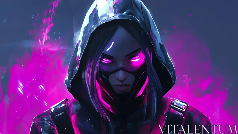 Hooded cyber figure with glowing magenta eyes and mask.