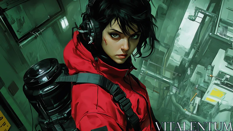 Focused woman in red jacket in dense sci fi corridor.