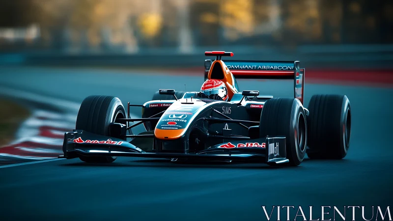Sleek formula race car charging confidently around the bend.
