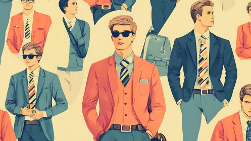 Stylized illustrations of young men in tailored suits.