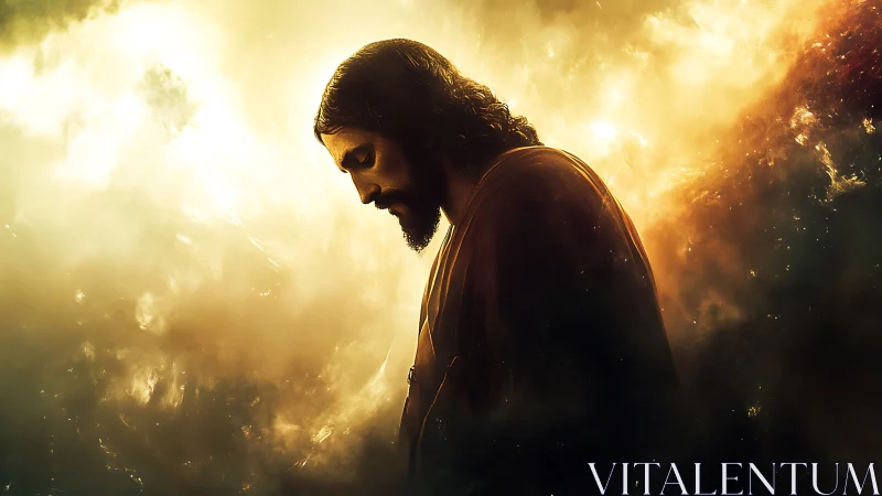 Backlit robed figure in luminous atmospheric nebular haze.