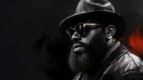 Bearded man in fedora emerges from shadowed red gloom.